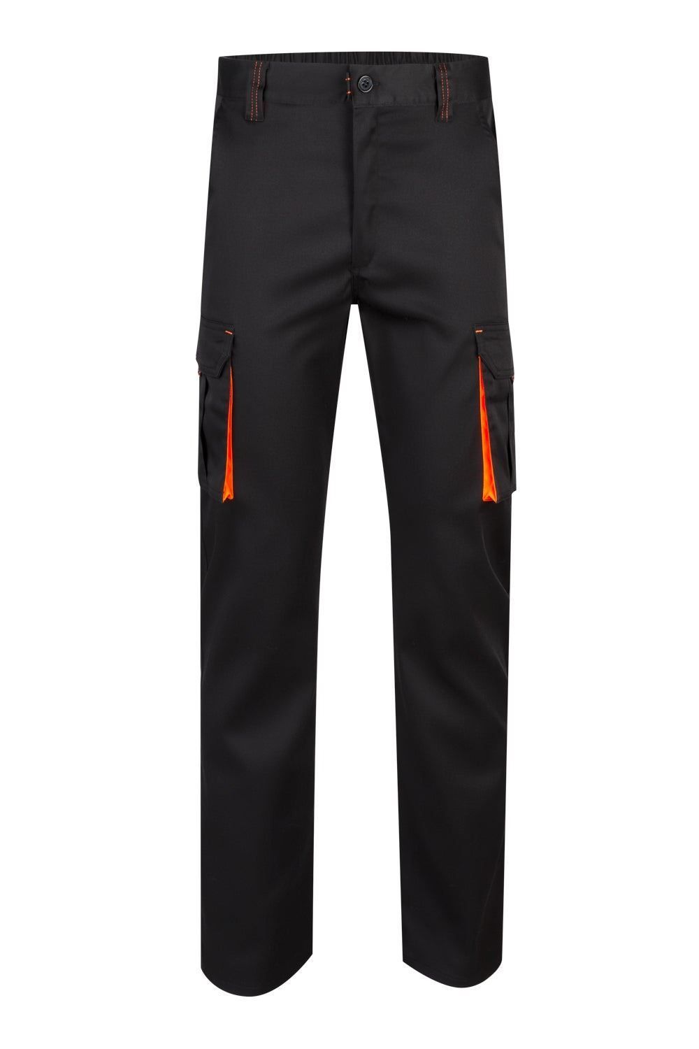 Pantalón de trabajo stretch bicolor en combinación Negro/Naranja Flúor, con detalles flúor y múltiples bolsillos, modelo Velilla 103008S
