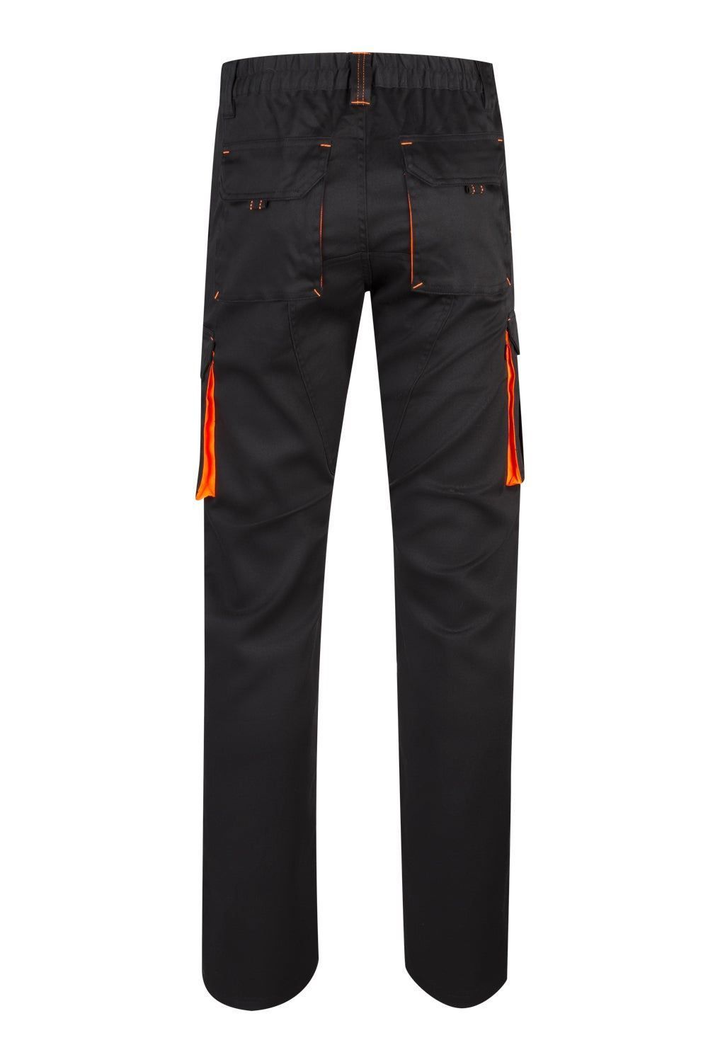 Pantalón de trabajo stretch bicolor en combinación Negro/Naranja Flúor, con detalles flúor y múltiples bolsillos, modelo Velilla 103008S
