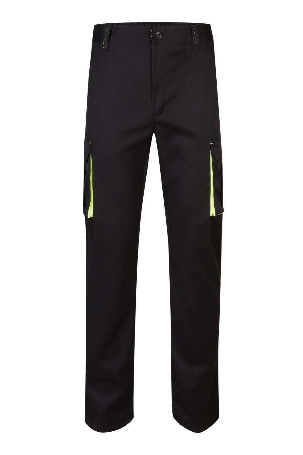 Pantalón de trabajo stretch bicolor en combinación Negro/Amarillo Flúor, con detalles flúor y múltiples bolsillos, modelo Velilla 103008S