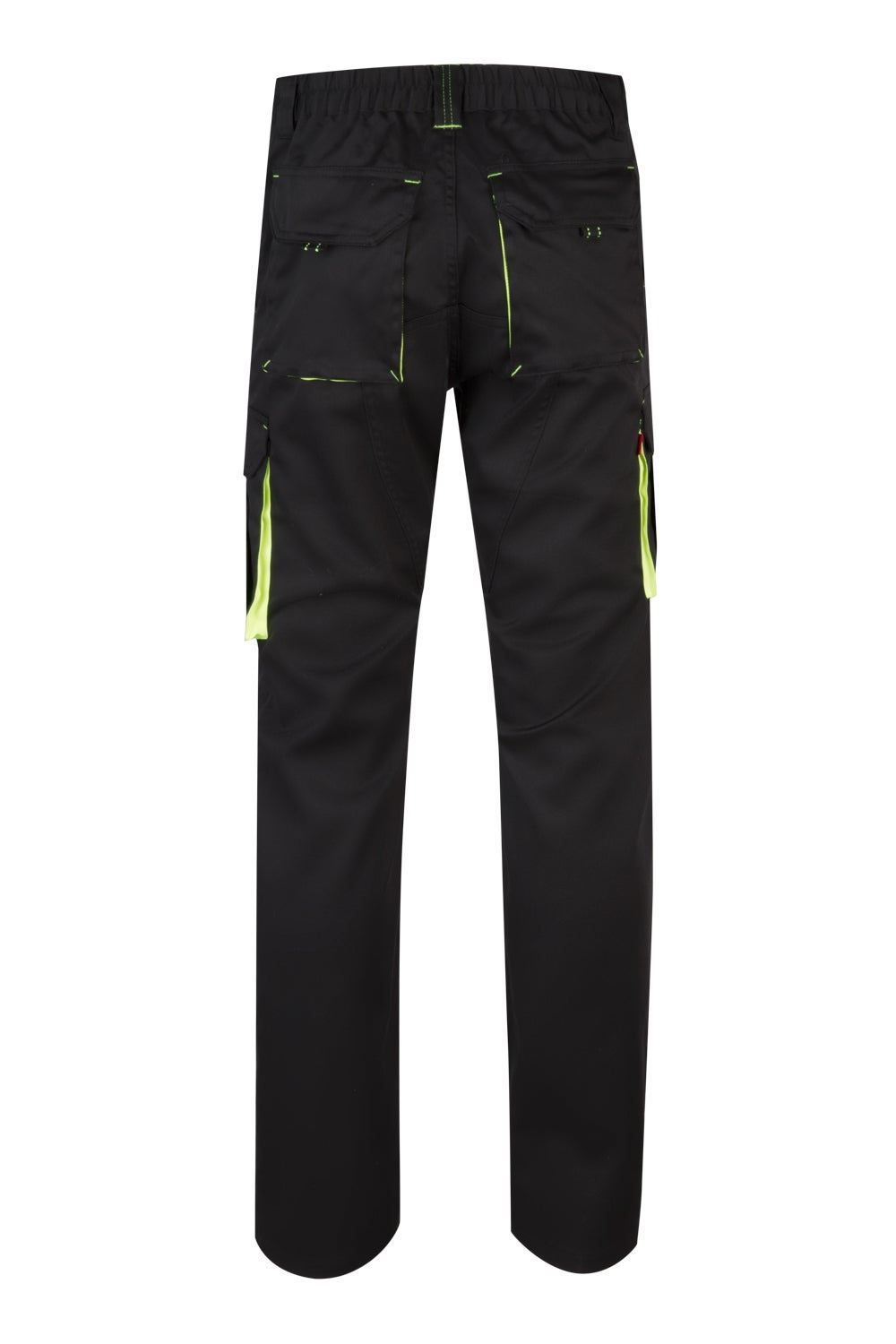 Pantalón de trabajo stretch bicolor en combinación Negro/Amarillo Flúor, con detalles flúor y múltiples bolsillos, modelo Velilla 103008S
