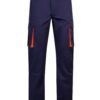 Pantalón de trabajo stretch bicolor en combinación Azul Marino/Naranja Flúor, con detalles flúor y múltiples bolsillos, modelo Velilla 103008S