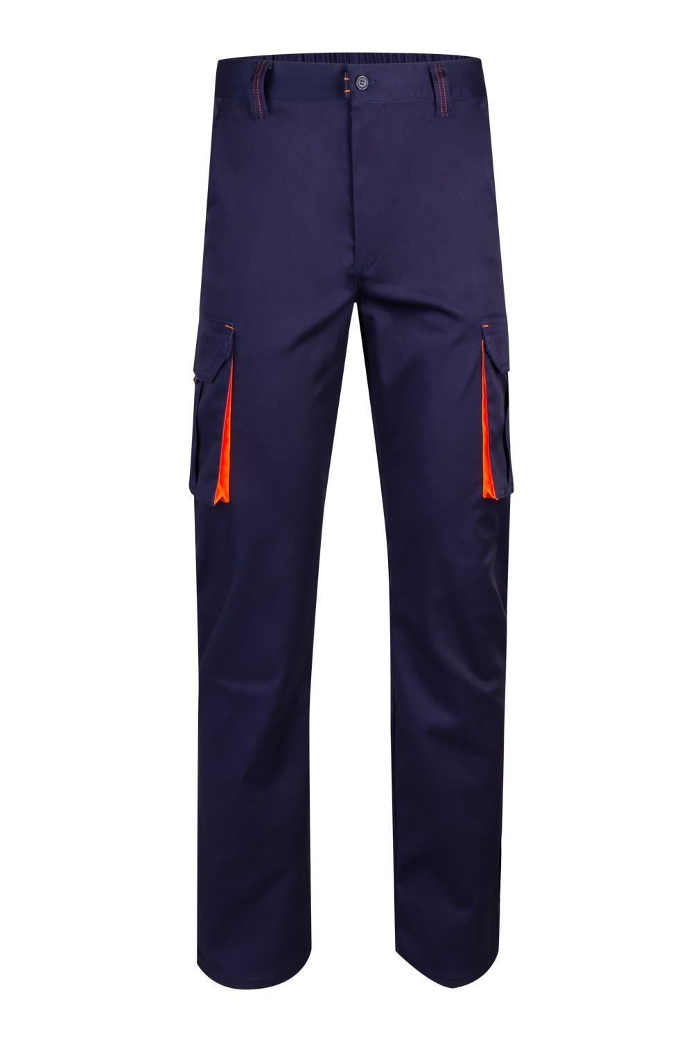 Pantalón de trabajo stretch bicolor en combinación Azul Marino/Naranja Flúor, con detalles flúor y múltiples bolsillos, modelo Velilla 103008S