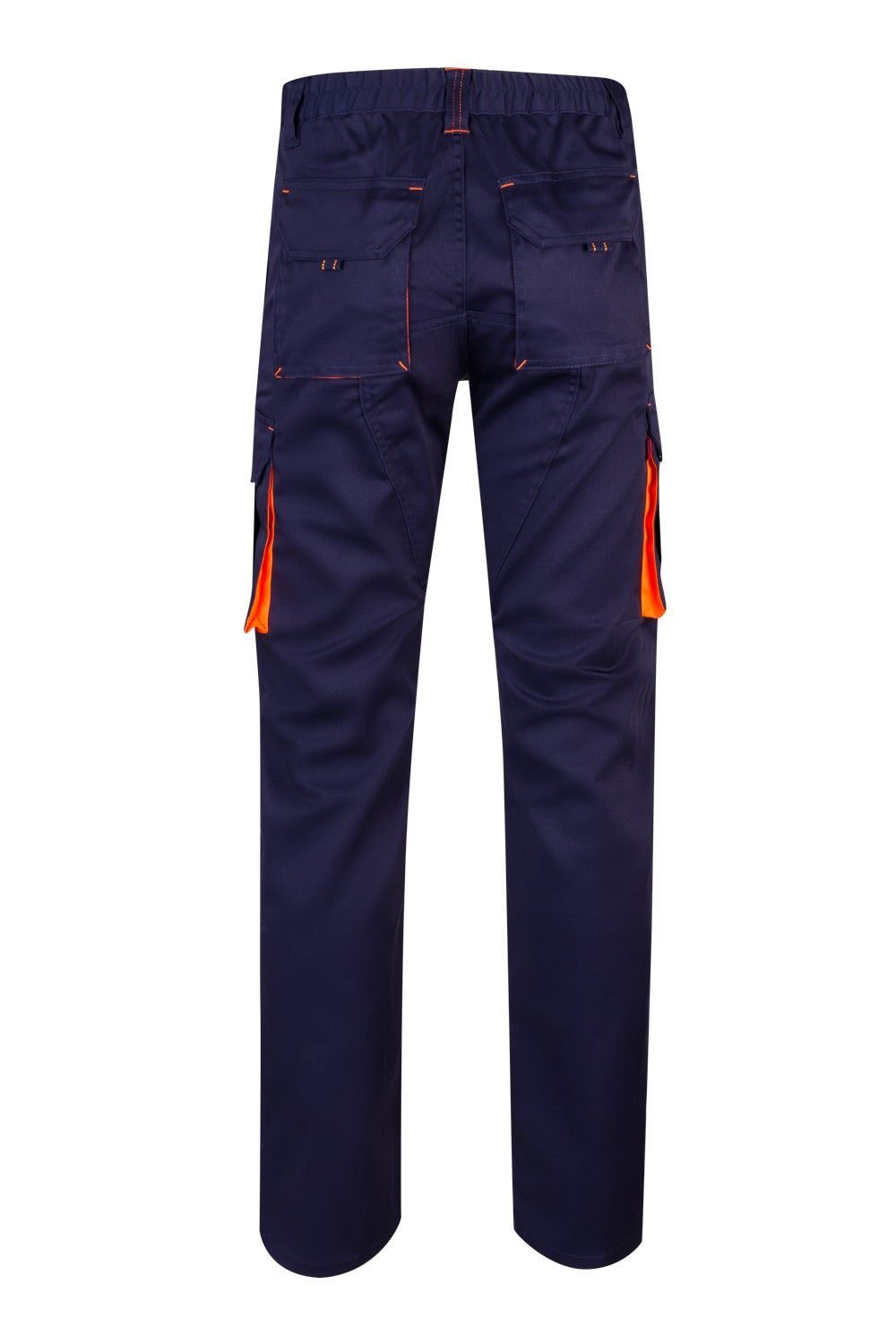 Pantalón de trabajo stretch bicolor en combinación Azul Marino/Naranja Flúor, con detalles flúor y múltiples bolsillos, modelo Velilla 103008S