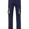Pantalón de trabajo stretch bicolor en combinación Azul Marino/Amarillo Flúor, con detalles flúor y múltiples bolsillos, modelo Velilla 103008S