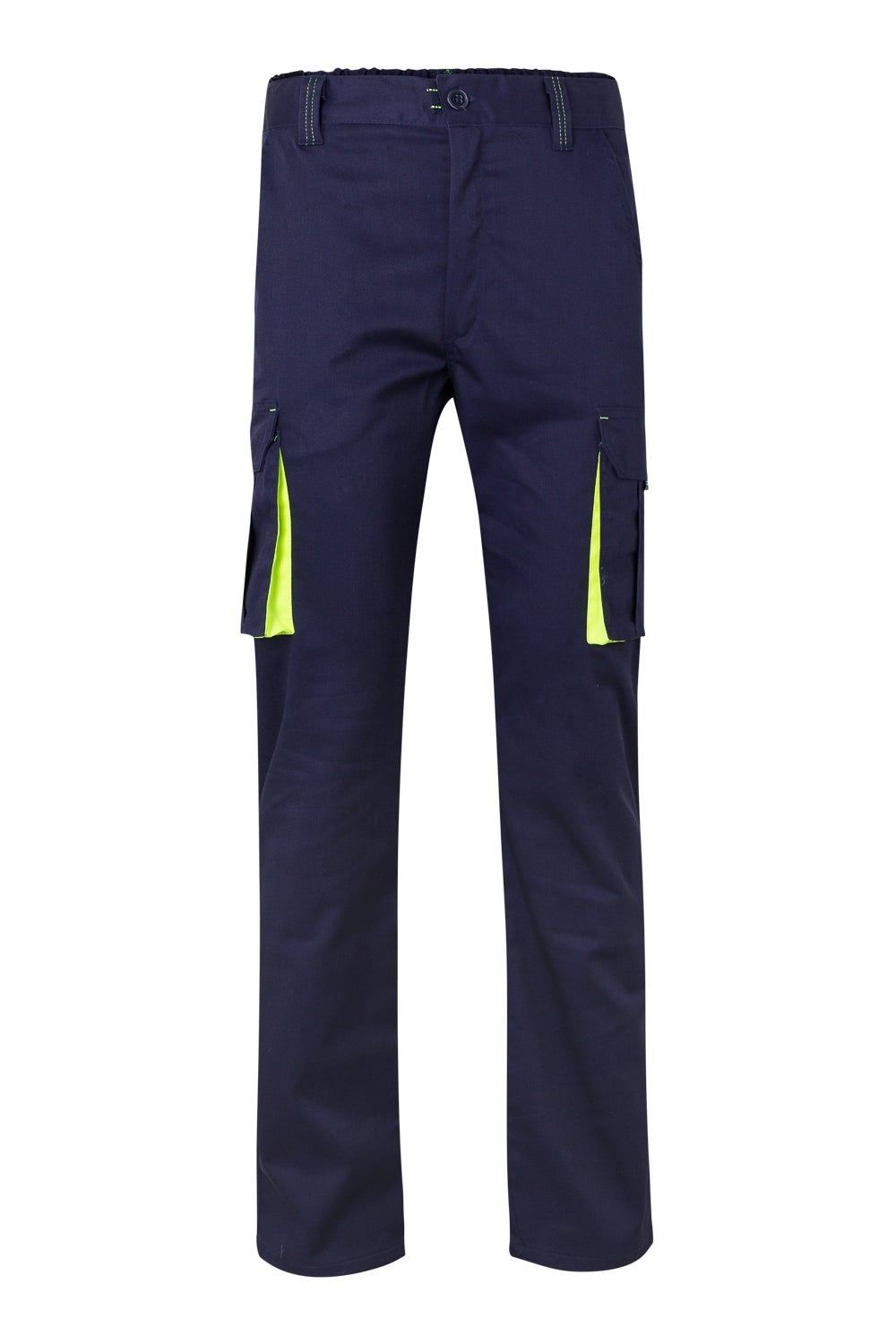 Pantalón de trabajo stretch bicolor en combinación Azul Marino/Amarillo Flúor, con detalles flúor y múltiples bolsillos, modelo Velilla 103008S