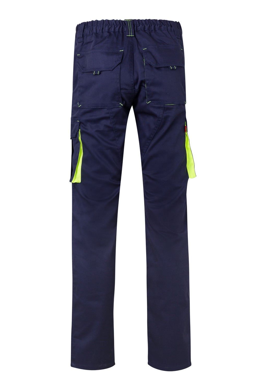 Pantalón de trabajo stretch bicolor en combinación Azul Marino/Amarillo Flúor, con detalles flúor y múltiples bolsillos, modelo Velilla 103008S