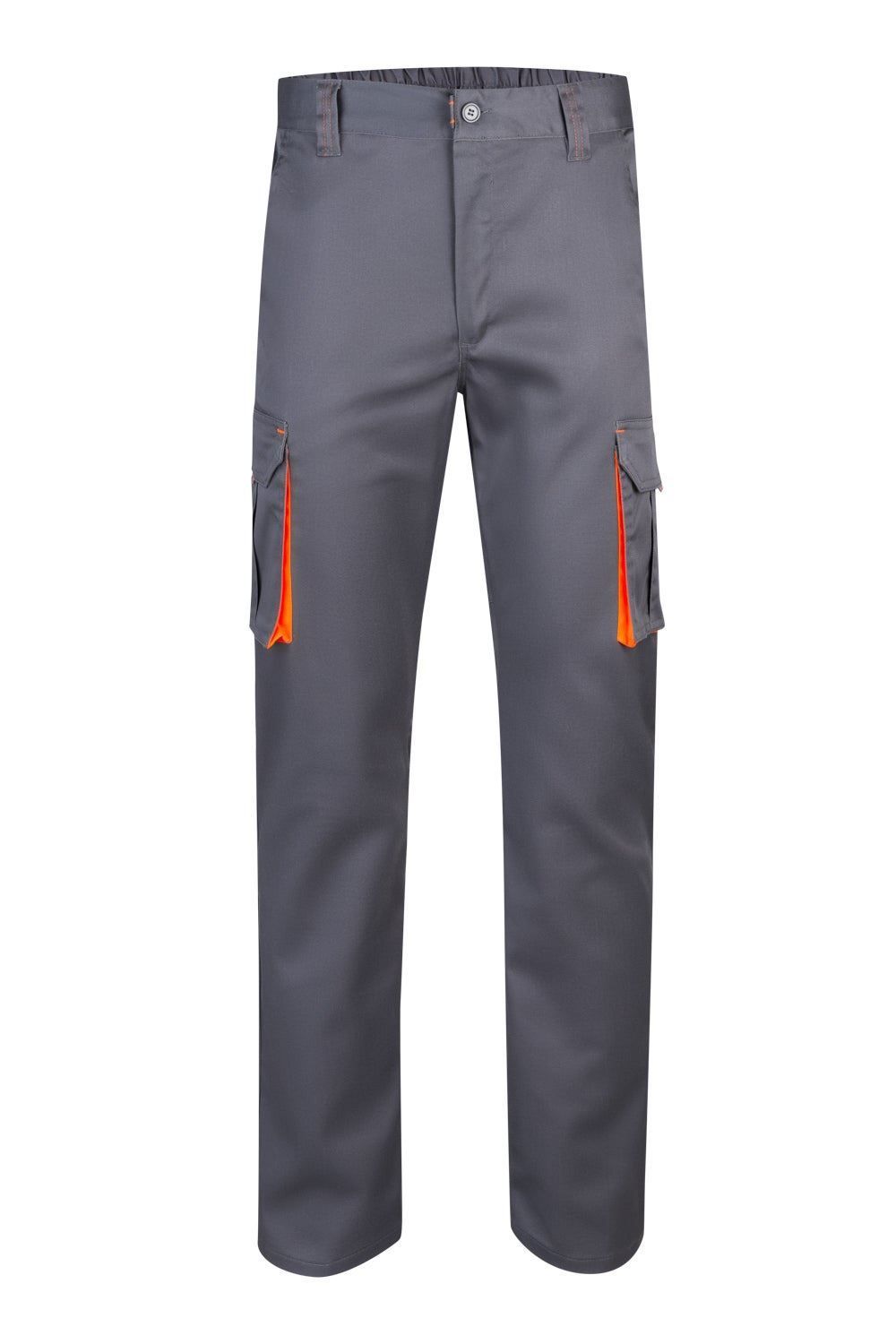 Pantalón de trabajo stretch bicolor en combinación Gris/Naranja Flúor, con detalles flúor y múltiples bolsillos, modelo Velilla 103008S