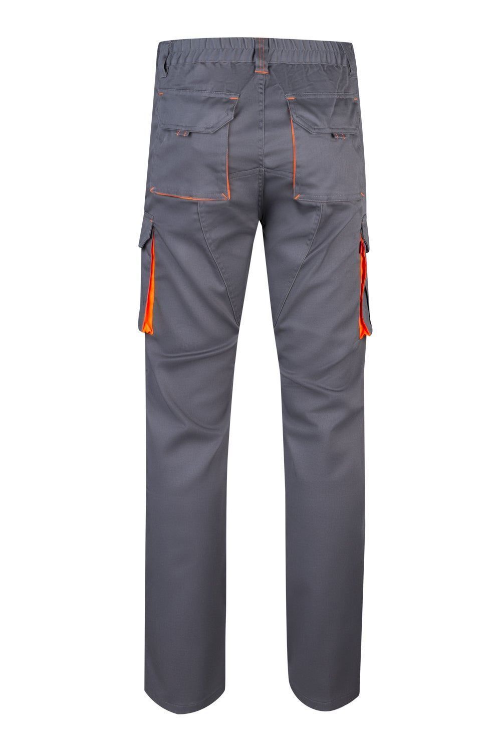 Pantalón de trabajo stretch bicolor en combinación Gris/Naranja Flúor, con detalles flúor y múltiples bolsillos, modelo Velilla 103008S