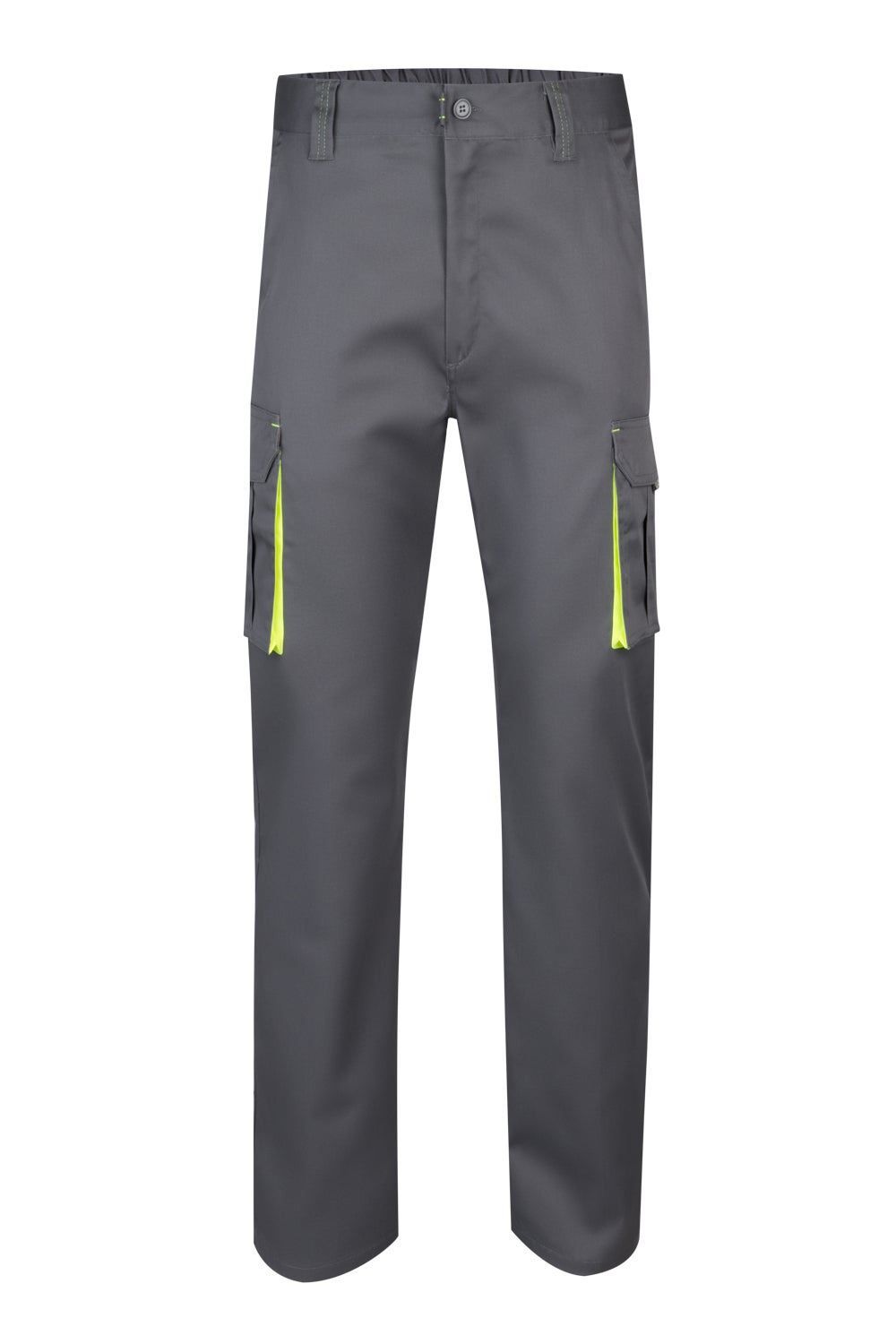 Pantalón de trabajo stretch bicolor en combinación Gris/Amarillo Flúor, con detalles flúor y múltiples bolsillos, modelo Velilla