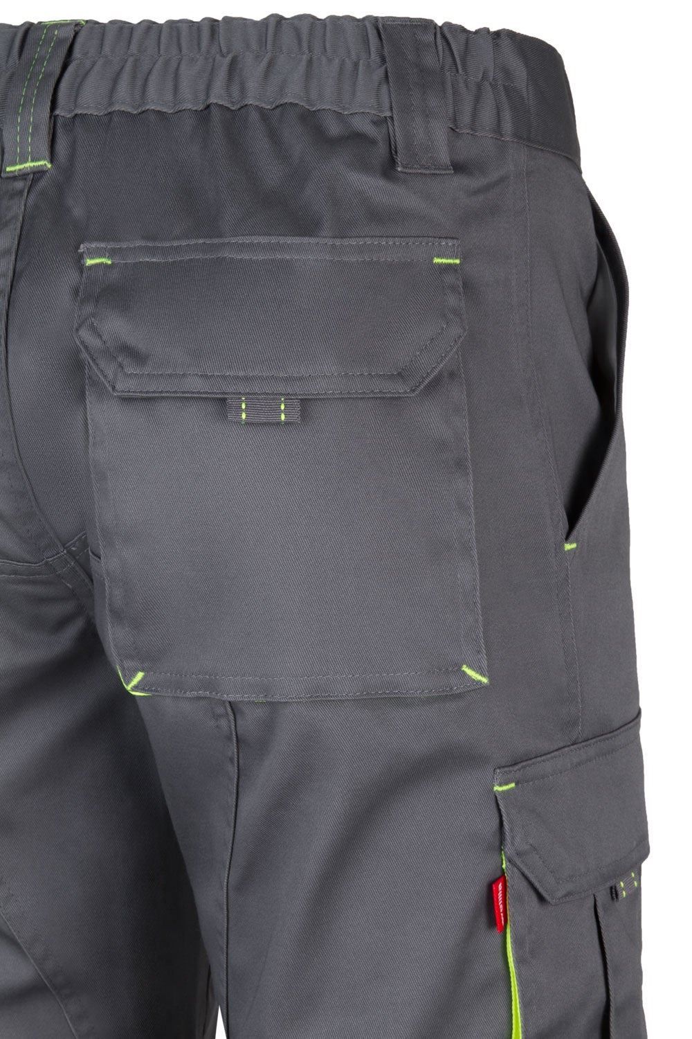 Pantalón de trabajo stretch bicolor en combinación Gris/Amarillo Flúor, con detalles flúor y múltiples bolsillos, modelo Velilla 103008S