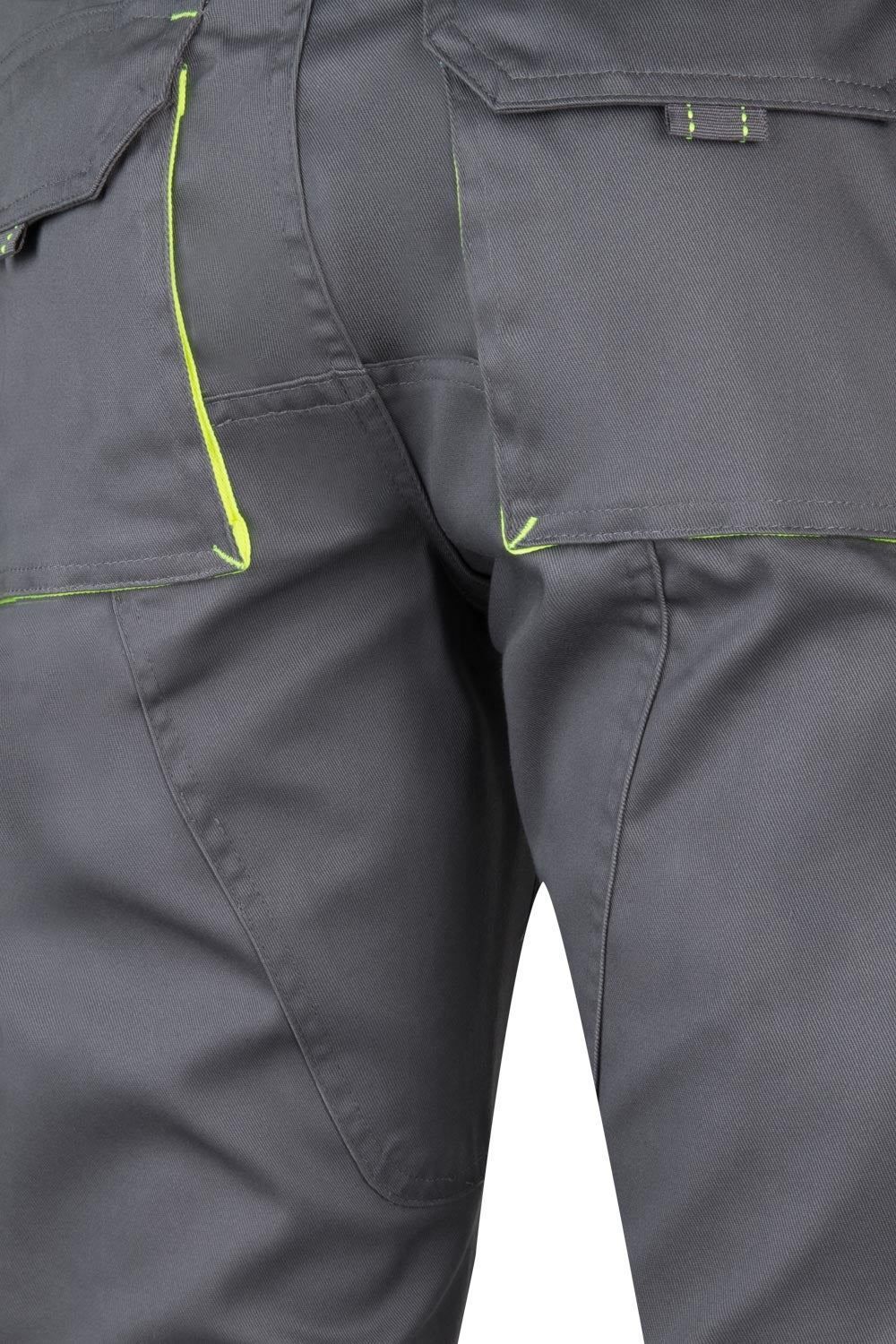 Pantalón de trabajo stretch bicolor en combinación Gris/Amarillo Flúor, con detalles flúor y múltiples bolsillos, modelo Velilla 103008S
