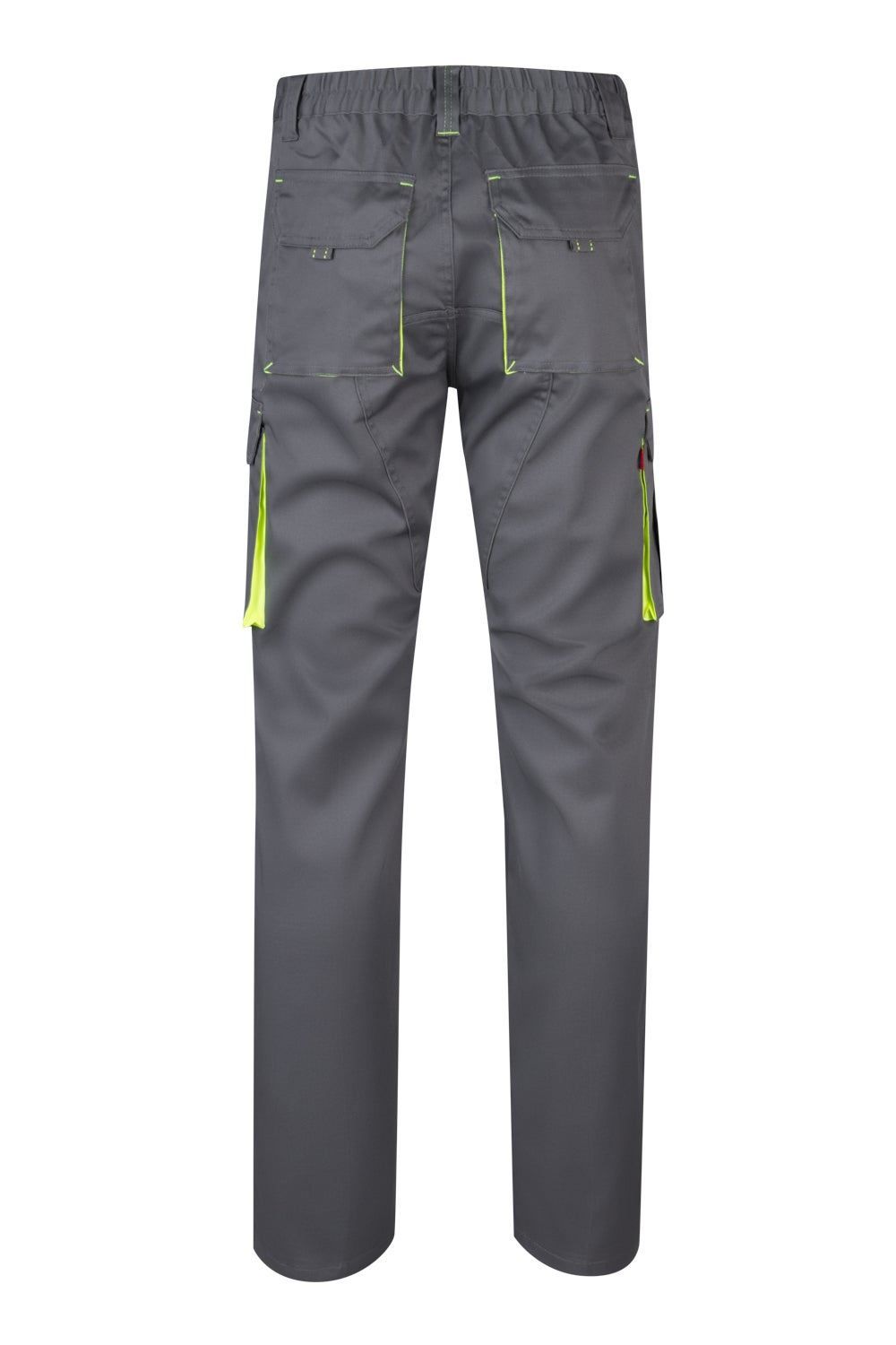 Pantalón de trabajo stretch bicolor en combinación Gris/Amarillo Flúor, con detalles flúor y múltiples bolsillos, modelo Velilla 103008S