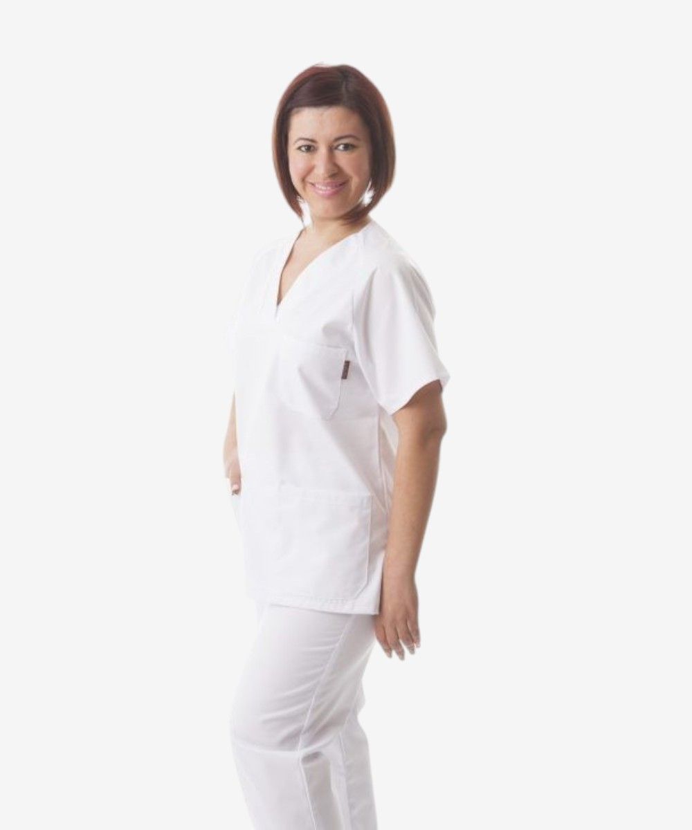 Casaca sanitaria blanca de, tejido de sarga española 200g/m², mezcla 65% poliéster y 35% algodón, ideal para sanidad y limpieza, fabricación propia