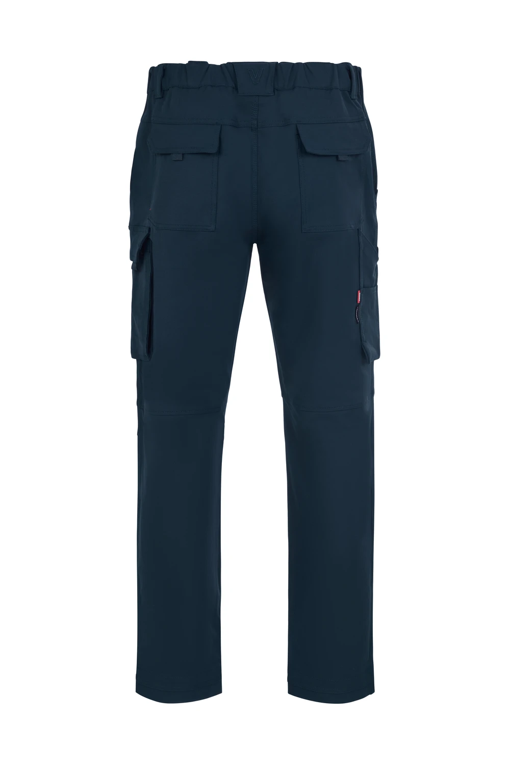 Hombre con pantalón de trabajo azul navy Velilla Arrow 4-Xtreme slim fit elástico en entorno profesional