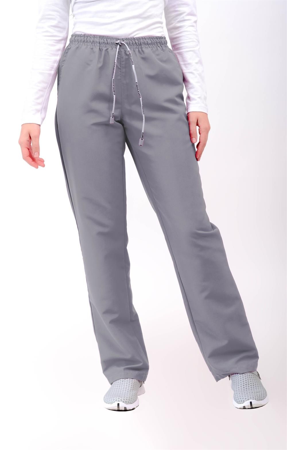 Pantalón unisex de microfibra gris medio con cintura elástica y cordón ajustable, dos bolsillos laterales y uno trasero, ideal para profesionales de sanidad, hostelería y estética.