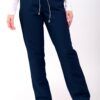 Pantalón unisex de microfibra azul marino con cintura elástica y cordón ajustable, dos bolsillos laterales y uno trasero, ideal para profesionales de sanidad, hostelería y estética.