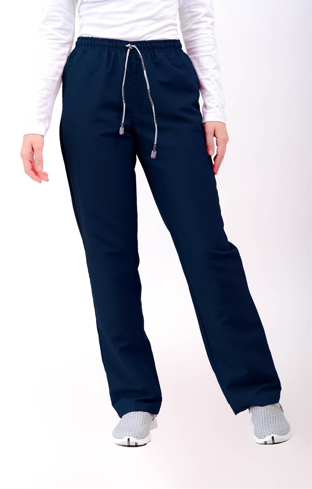 Pantalón unisex de microfibra azul marino con cintura elástica y cordón ajustable, dos bolsillos laterales y uno trasero, ideal para profesionales de sanidad, hostelería y estética.