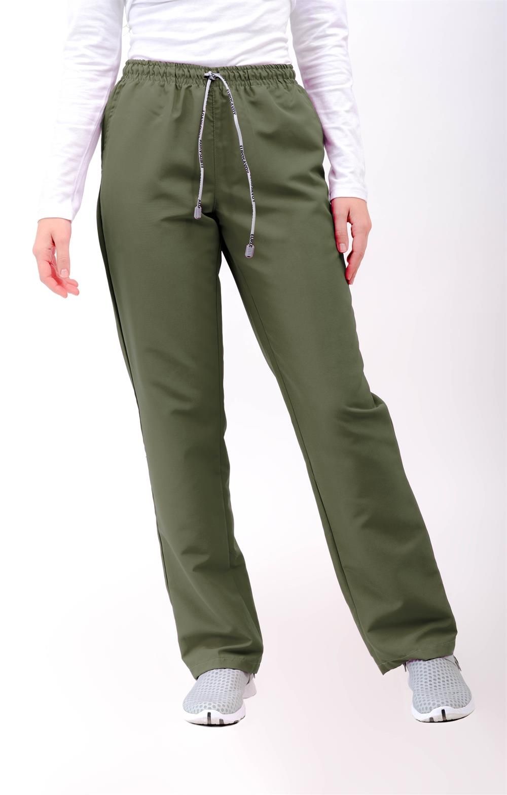 Pantalón unisex de microfibra verde caqui con cintura elástica y cordón ajustable, dos bolsillos laterales y uno trasero, ideal para profesionales de sanidad, hostelería y estética.