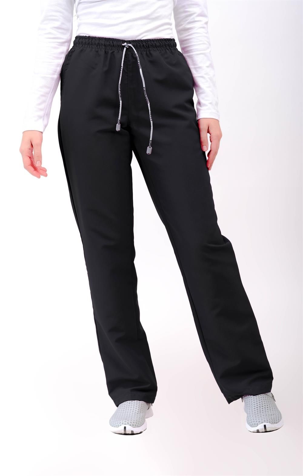 Pantalón unisex de microfibra negro con cintura elástica y cordón ajustable, dos bolsillos laterales y uno trasero, ideal para profesionales de sanidad, hostelería y estética.