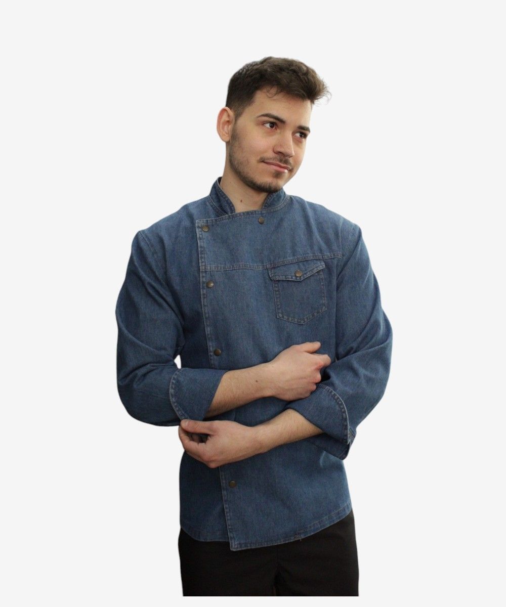 Chaqueta de cocina denim Uniforgran de manga larga, diseño moderno y resistente, ideal para chefs profesionales