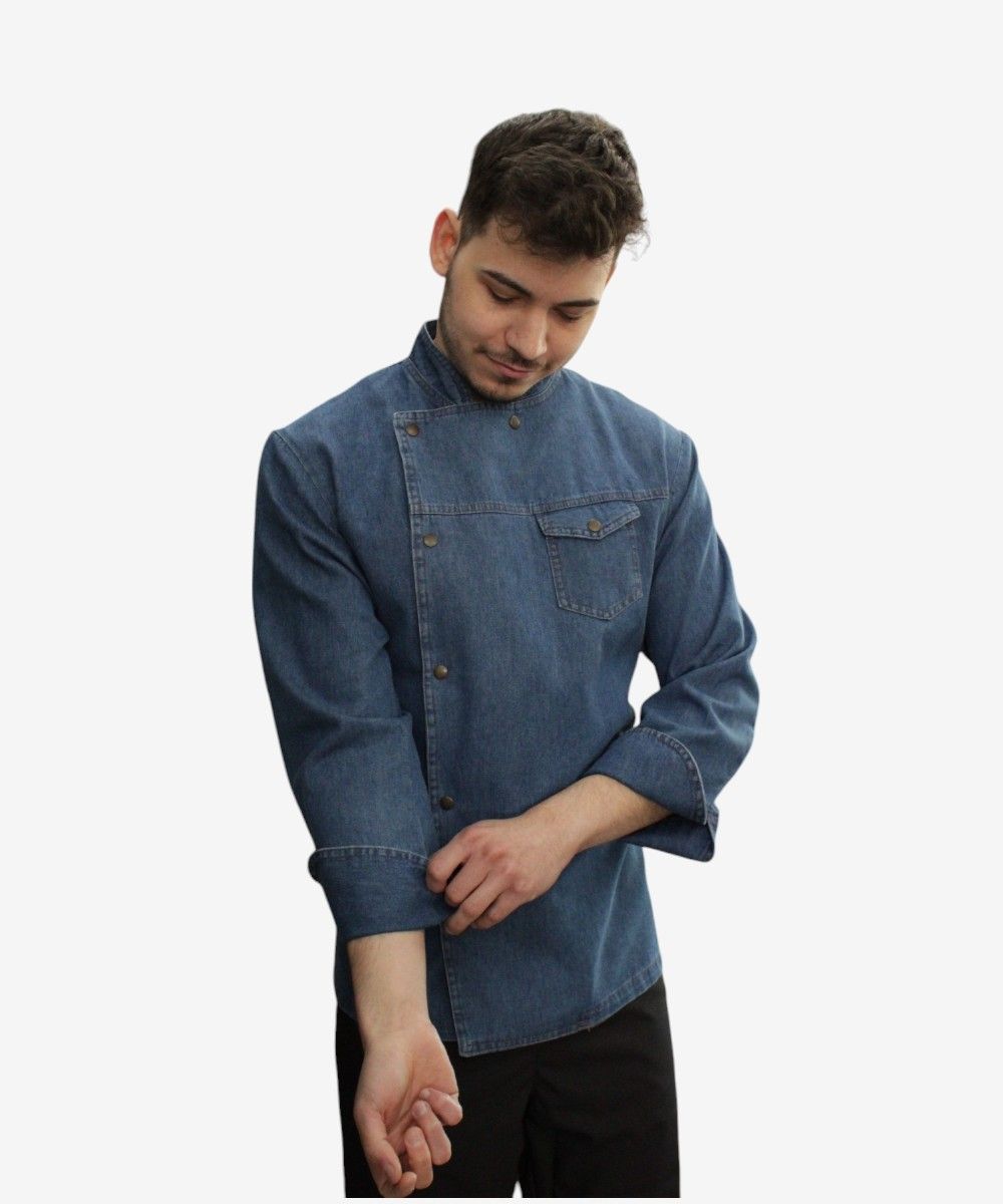 Chaqueta de cocina denim Uniforgran de manga larga, diseño moderno y resistente, ideal para chefs profesionales