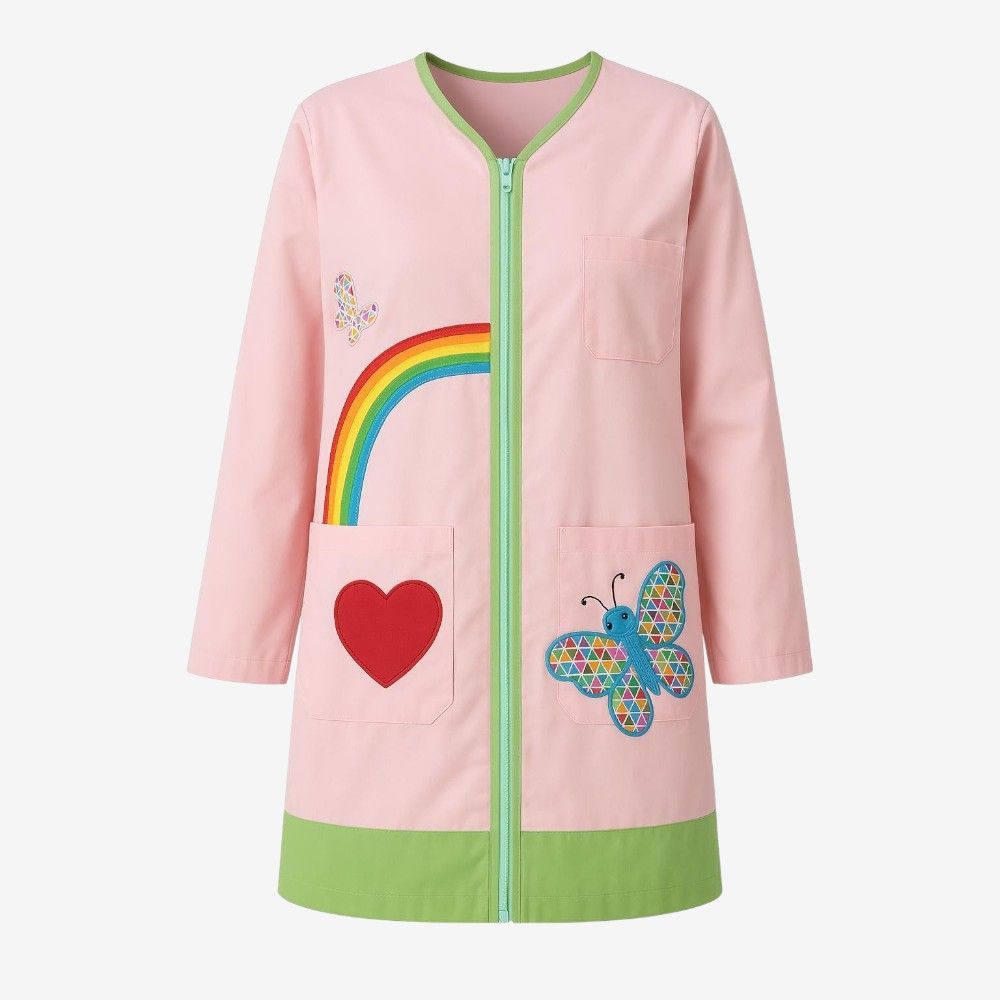 Bata Maestra Arcoíris personalizada confeccionada en Popelín Galaxy con aplicaciones de tela y fabricación en España.