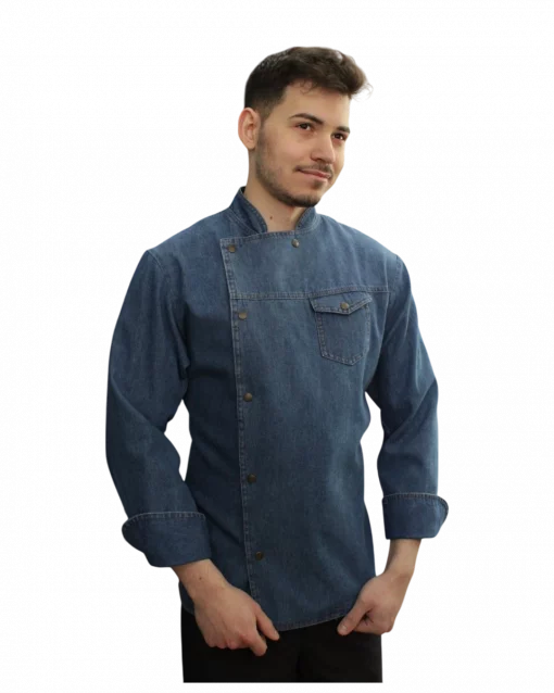 Chaqueta de cocina en tejido vaquero denim con cierre cruzado y bolsillo frontal