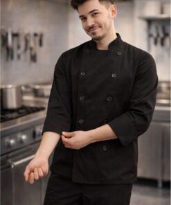 Chaqueta de cocina manga larga de fabricación propia, resistente, cómoda y personalizable. Ideal para hostelería y uso profesional.
