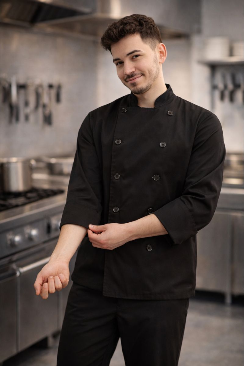 Chaqueta de cocina manga larga de fabricación propia, resistente, cómoda y personalizable. Ideal para hostelería y uso profesional.