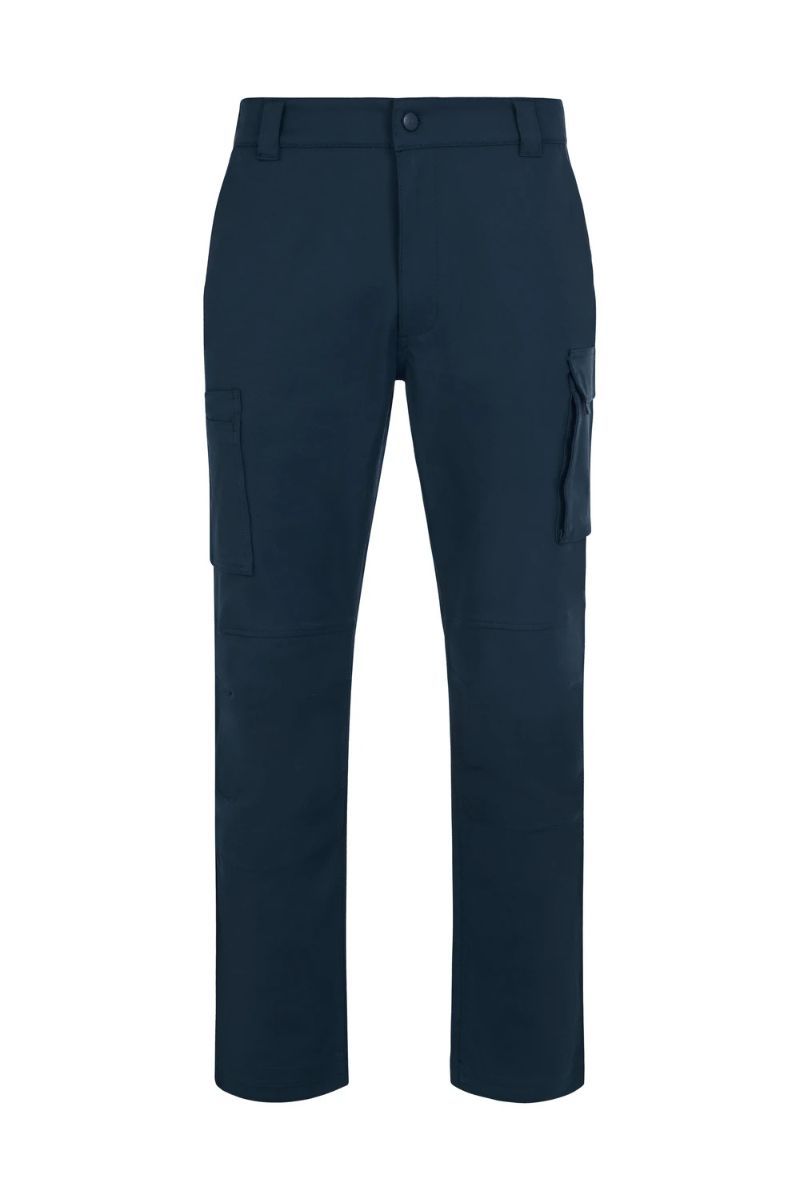 Hombre con pantalón de trabajo azul navy Velilla Arrow 4-Xtreme slim fit elástico en entorno profesional