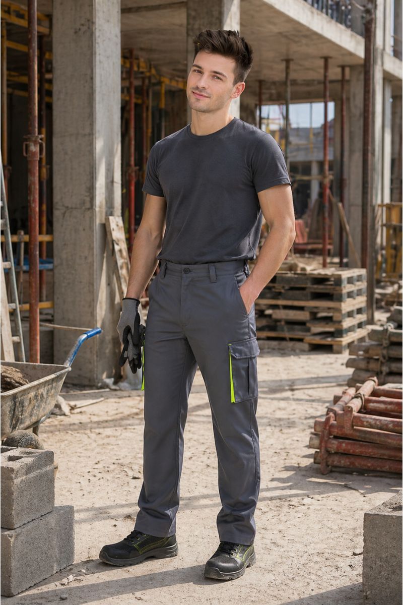 pantalón laboral gris multibolsillos hombre obra construcción resistente trabajo