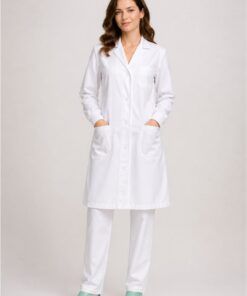 Bata sanitaria mujer blanca entallada manga larga con botones y bolsillos uniforme profesional