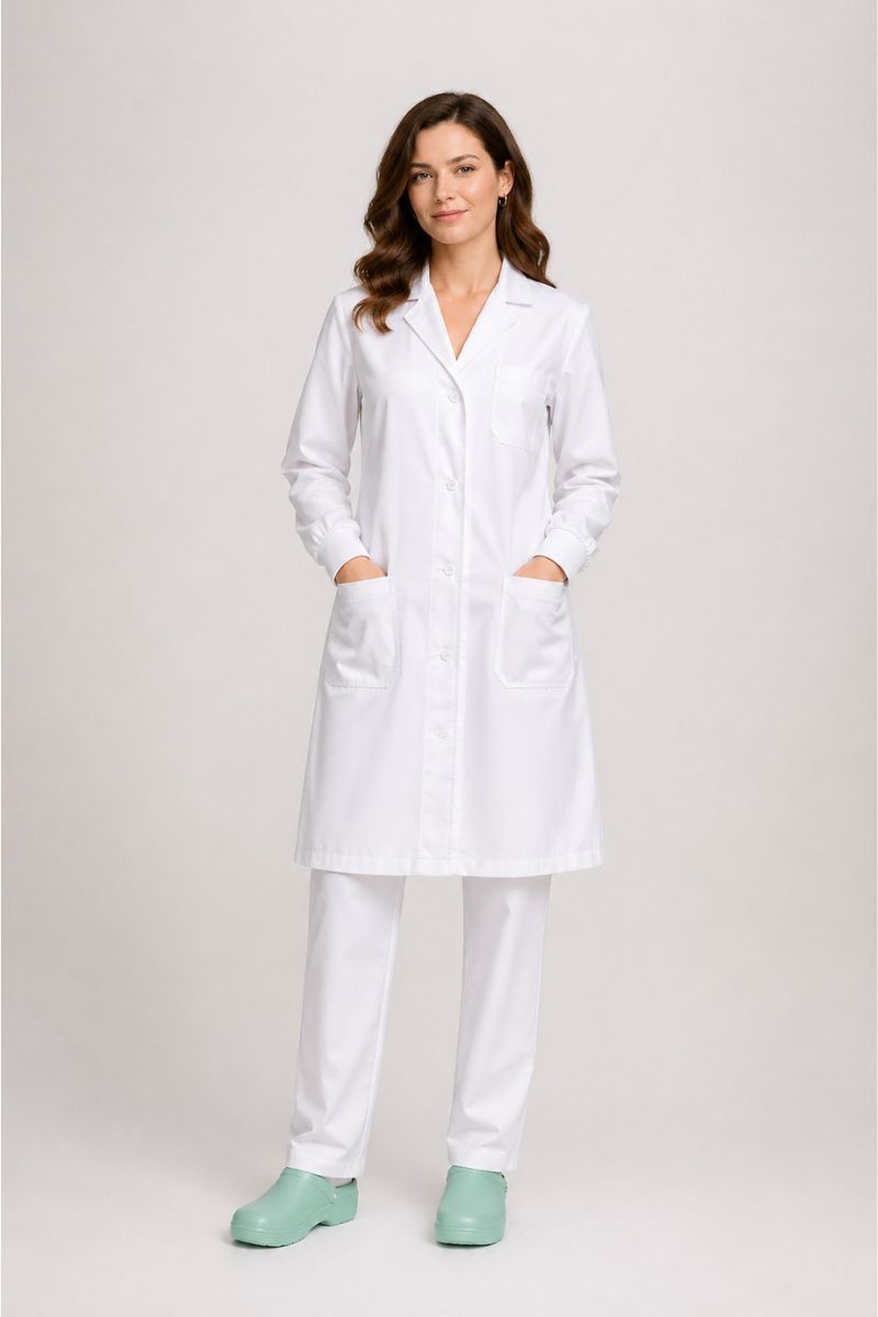 Bata sanitaria mujer blanca entallada manga larga con botones y bolsillos uniforme profesional