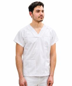 Chaqueta sanitaria blanca cuello V unisex para profesionales sanitarios y limpieza