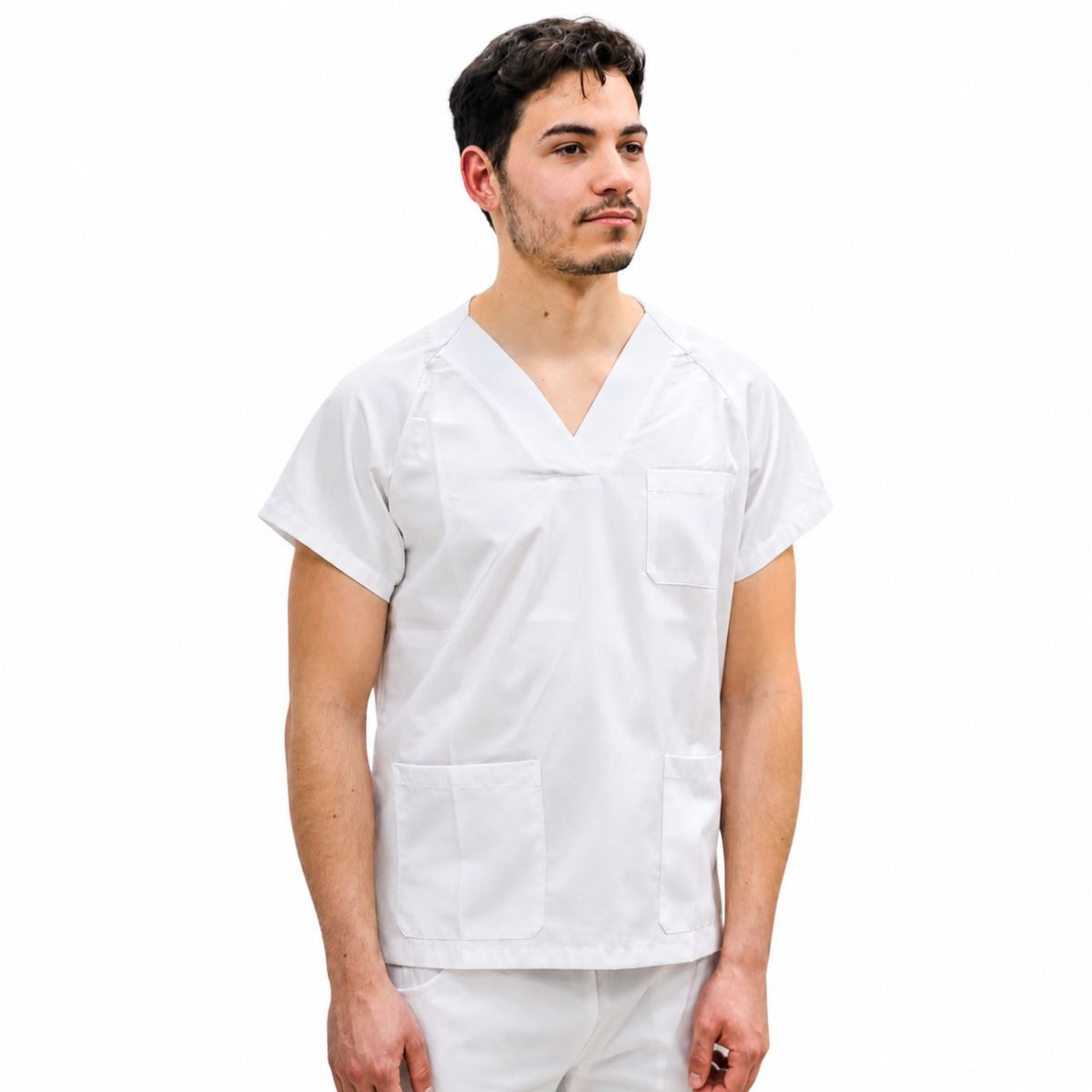 Chaqueta sanitaria blanca cuello V unisex para profesionales sanitarios y limpieza