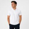 Polo unisex Fruit of the Loom blanco de manga corta con cuello de canalé y tapeta de botones, ideal para uniformes de trabajo y bordado personalizado.