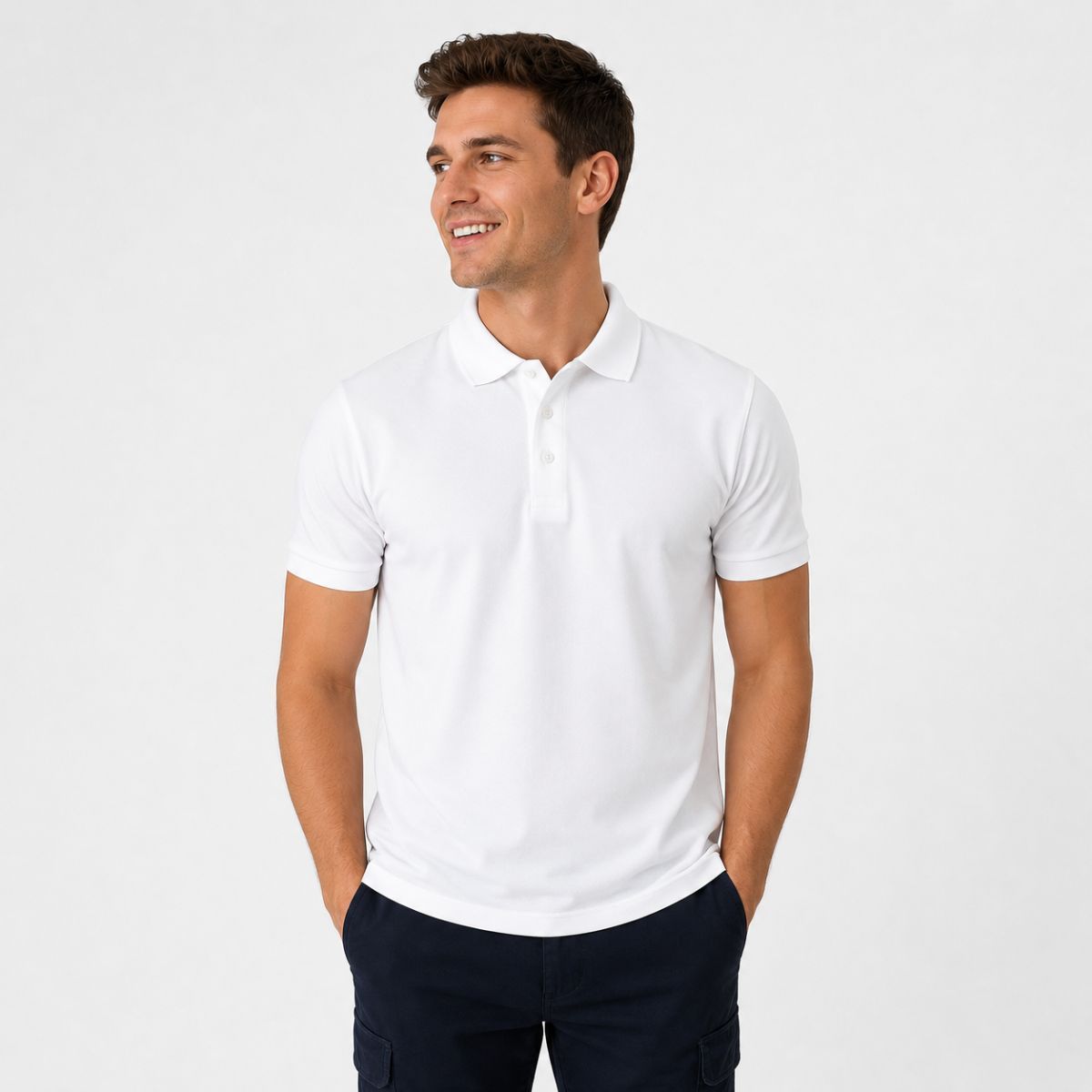 Polo unisex Fruit of the Loom blanco de manga corta con cuello de canalé y tapeta de botones, ideal para uniformes de trabajo y bordado personalizado.