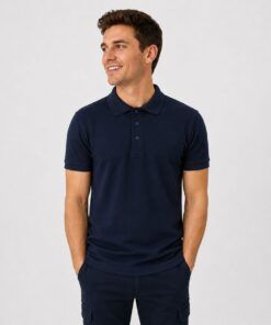 Polo unisex Fruit of the Loom azul marino de manga corta con cuello de canalé y tapeta de botones, ideal para uniformes de trabajo y bordado personalizado.