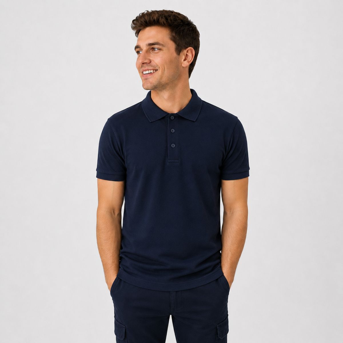 Polo unisex Fruit of the Loom azul marino de manga corta con cuello de canalé y tapeta de botones, ideal para uniformes de trabajo y bordado personalizado.
