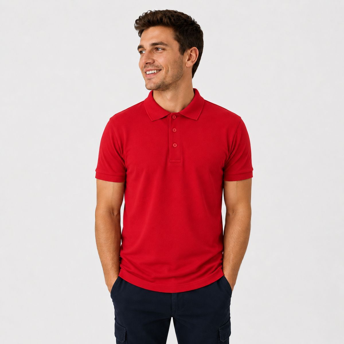 Polo unisex Fruit of the Loom rojo de manga corta con cuello de canalé y tapeta de botones, ideal para uniformes de trabajo y personalización con bordado.