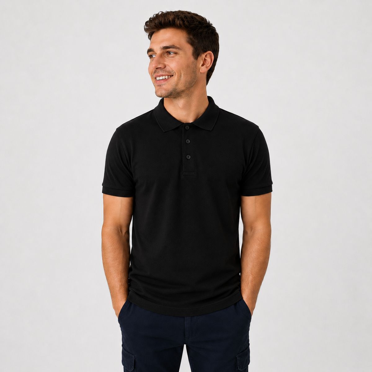 Polo unisex Fruit of the Loom negro de manga corta con cuello de canalé y tapeta de botones, ideal para uniformes de trabajo y bordado personalizado.