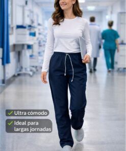 Pantalón unisex de microfibra azul marino con cintura elástica y cordón ajustable, dos bolsillos laterales y uno trasero, ideal para profesionales de sanidad, hostelería y estética.