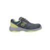 Zapato de seguridad industrial CROMO S1P SRC, color gris-lima, con puntera de fibra de vidrio, suela antideslizante y plantilla antiperforación. Calzado ligero y 100% metal free para protección en entornos laborales