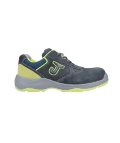 Zapato de seguridad industrial CROMO S1P SRC, color gris-lima, con puntera de fibra de vidrio, suela antideslizante y plantilla antiperforación. Calzado ligero y 100% metal free para protección en entornos laborales