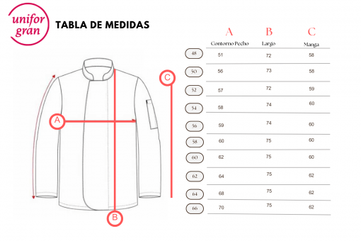 Tabla de medidas de chaqueta de cocina Uniforgran: tallas desde la 50 hasta la talla 60 con guía de contorno de pecho y largo de prenda