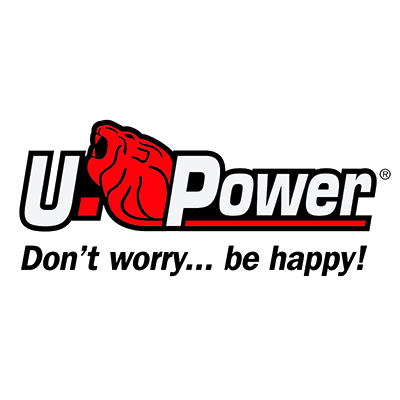 Logotipo de la marca U-Power con el eslogan “Don’t worry... be happy!”