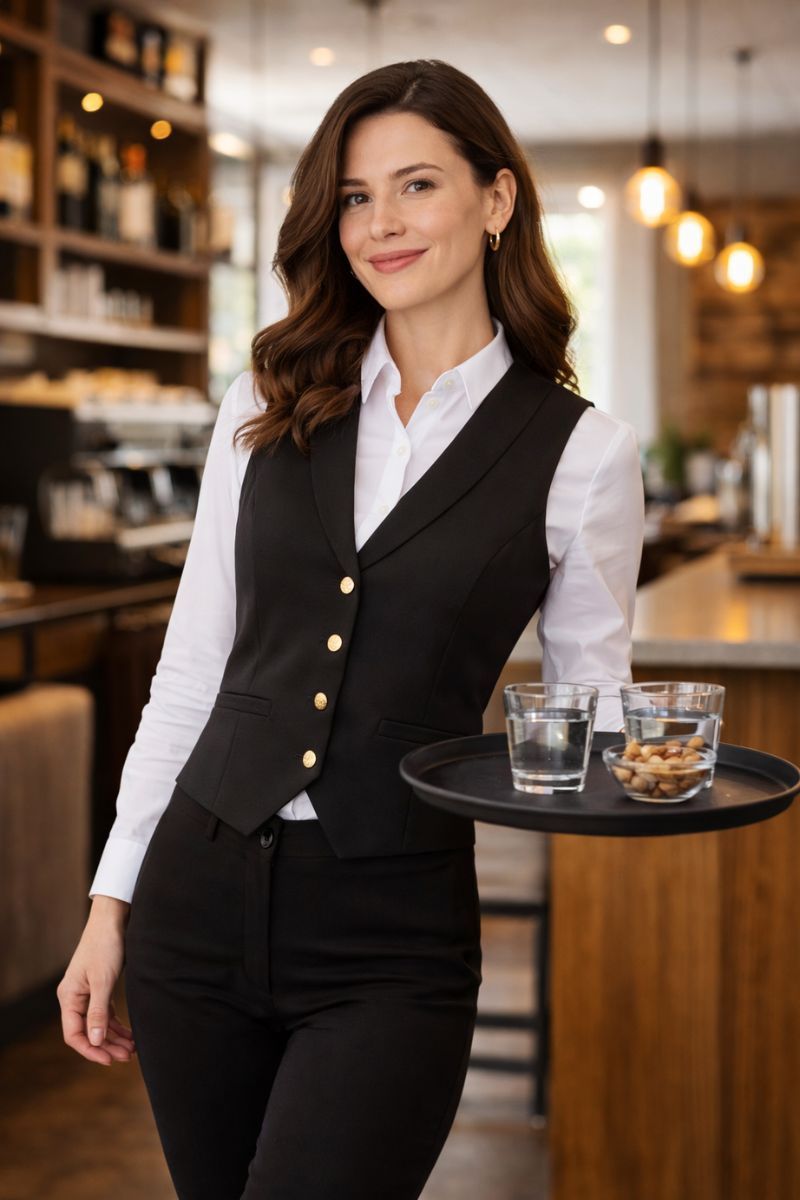 Chaleco de mujer para hostelería elegante y profesional en camarera trabajando