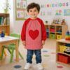 Niño con babero infantil vichy corazón rojo en colegio protegiendo la ropa durante actividades escolares