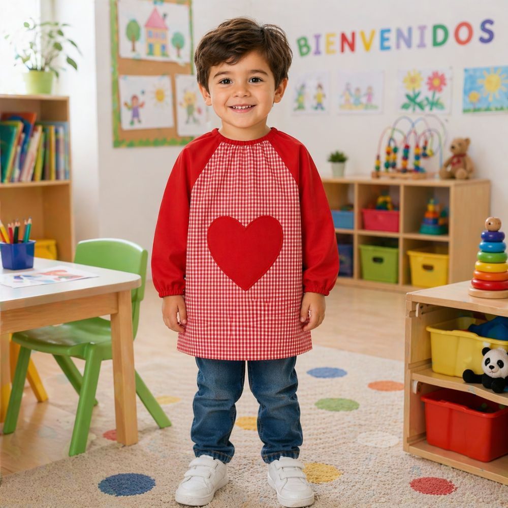 Niño con babero infantil vichy corazón rojo en colegio protegiendo la ropa durante actividades escolares