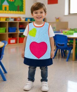 Babero infantil vichy azul con corazones de colores para guardería y colegio